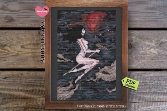 Flying Witch Broom Cross Stitch Pattern