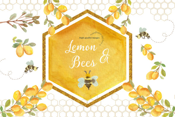 Lemon and Bees Watercolor Clipart