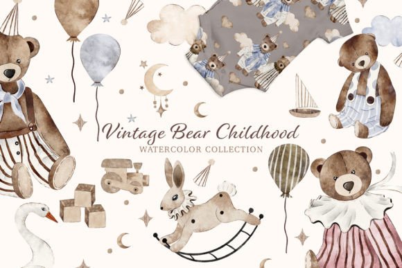 Vintage Bear Childhood Watercolor Baby