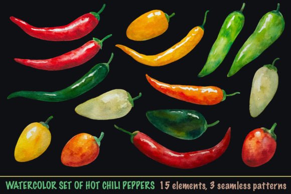 Watercolor Set of Hot Chili Peppers
